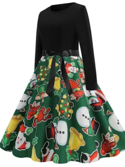 Women's Christmas Swing Dress Vintage Dress Midi Dress Green Blue Light Green Long Sleeve Santa Claus Bow Winter Fall Autumn Crew Neck Fashion Daily Date 2022 S M L XL XXL 3XL -Fashion Life Shop eiyikd1667894620194
