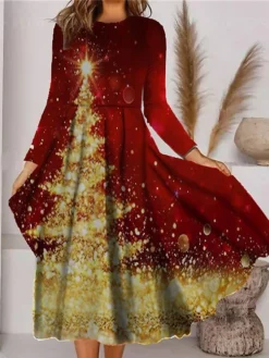 Women's Christmas Casual Dress Swing Dress Midi Dress Black Blue Wine Long Sleeve Snowman Pocket Winter Fall Autumn Fashion Christmas Daily 2022 S M L XL XXL 3XL