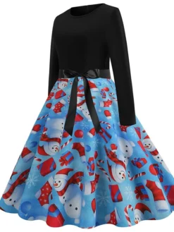 Women's Christmas Casual Dress Swing Dress Vintage Dress Midi Dress Green Blue Royal Blue Long Sleeve Color Block Bow Winter Fall Autumn V Neck Slim 2022 S M L XL XXL 3XL -Fashion Life Shop ejfeau1666761741803