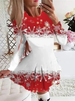 Women's Christmas Swing DressShort Mini Dress Green Dark Green Fuchsia Red Beige Long Sleeve Plaid Santa Claus Elk Pleated Print Fall Winter Crew Neck Stylish Romantic 2022 S M L XL -Fashion Life Shop ejkeau1665485272261