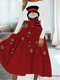 Women's Casual Dress Swing Dress Midi Dress Wine Long Sleeve Snowman Pocket Winter Fall Spring Crew Neck Fashion Christmas Daily Weekend 2022 S M L XL XXL 3XL