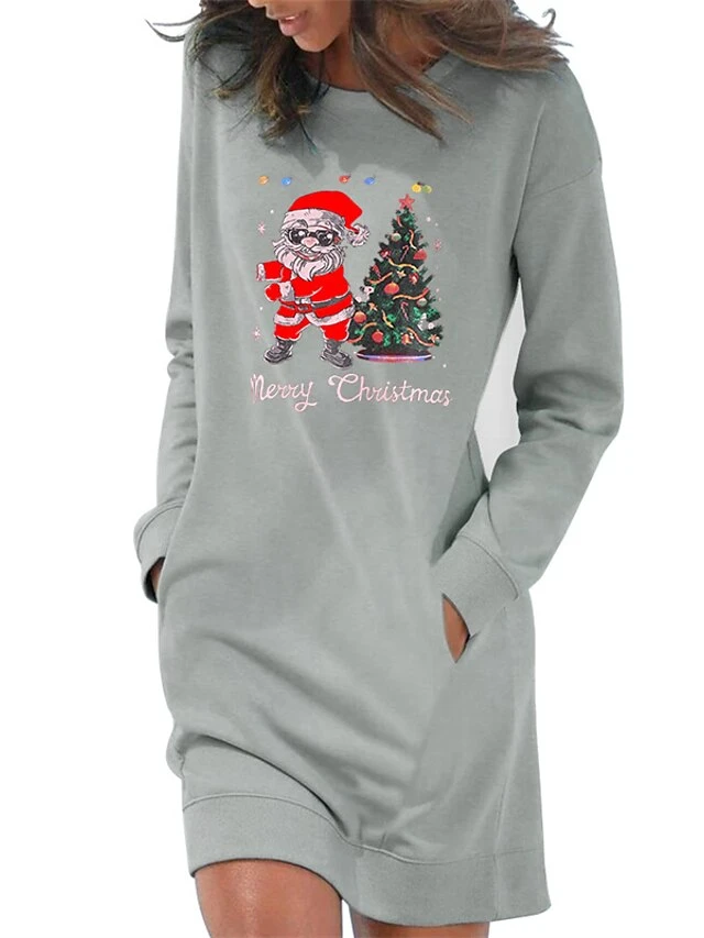 Women's Christmas Hoodie Dress Winter Dress Light Blue Grey White Long Sleeve Letter Santa Claus Tree Pocket Print Winter Fall Crew Neck Stylish Casual Loose Fit 2022 S M L XL 2XL / Cotton 5 Women's Christmas Hoodie Dress Winter Dress Light Blue Grey White Long Sleeve Letter Santa Claus Tree Pocket Print Winter Fall Crew Neck Stylish Casual Loose Fit 2022 S M L XL 2XL / Cotton - Image 5