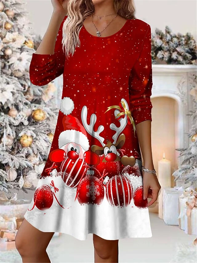 Women's Casual Dress Christmas Dress Winter Dress Santa Claus Snowman Print V Neck Mini Dress Fashion Streetwear Outdoor Christmas Long Sleeve Loose Fit White Dark Red Wine Fall Winter S M L XL XXL 2 Women's Casual Dress Christmas Dress Winter Dress Santa Claus Snowman Print V Neck Mini Dress Fashion Streetwear Outdoor Christmas Long Sleeve Loose Fit White Dark Red Wine Fall Winter S M L XL XXL - Image 2
