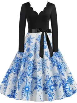 Women's Christmas Swing Dress Vintage DressKnee Length Dress Green Blue Wine Light Red Dark Green Red Long Sleeve Floral Snowman Tree Bow Print Fall Winter V Neck Vintage Fashion Casual 2022 S M L -Fashion Life Shop ekmjtv1663152093375