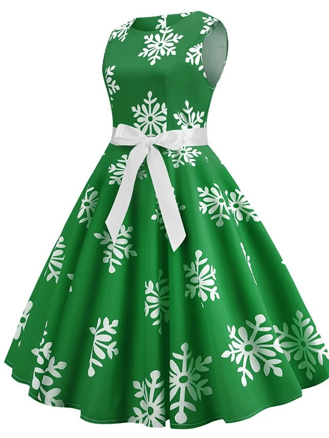 Women's Christmas Knee Length Dress Blue Green Red Sleeveless Print Bow Print Fall Winter Round Neck Casual Vintage2021 S M L XL XXL 2 Women's Christmas Knee Length Dress Blue Green Red Sleeveless Print Bow Print Fall Winter Round Neck Casual Vintage2021 S M L XL XXL - Image 2