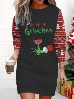 Women's Casual Dress Sweatshirt Dress Mini Dress Warm Fashion Outdoor Christmas Vacation Crew Neck Print Geometric Print Monster Loose Fit Black Wine Red S M L XL XXL