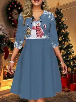Women's Christmas Print Dress Green Red Light Blue Gray Long Sleeve Elk SnowmanTree Print Winter Autumn V Neck Fashion CasualFall Dress Loose Fit 2022 S M L XL 2XL 3XL 4XL 5XL 6XL -Fashion Life Shop elgjkt1666064488583