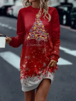 Women's Sweatshirt Dress Casual Dress Mini Dress Warm Fashion Outdoor Christmas Vacation Crew Neck Print Christmas Tree Regular Fit Red Blue S M L XL XXL