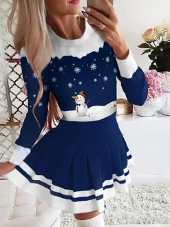 Women's Christmas Casual Dress Swing DressShort Mini Dress Black And White Blue Dark Blue Red White Black Long Sleeve Snowman Abstract Snowflake Pleated Print Fall Winter Round Neck Fashion Casual -Fashion Life Shop emajjd1664273653621
