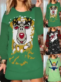 Women‘s Christmas Ugly Sweatshirt Dress Shift Dress Mini Dress Green Black Light Green Long Sleeve Santa Claus Print Winter Fall Autumn Fashion Daily 2022 S M L XL XXL 3XL