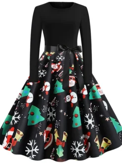 Women's Christmas Knee Length Dress Green White Black Rainbow Red Long Sleeve Print Snowflake Santa Claus Print Fall Winter Crew Neck Casual Vintage Party 2022 S M L XL XXL -Fashion Life Shop envtwm1565580510932