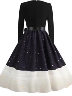 Women's Christmas Party Dress Knee Length Dress Purple Royal Blue Dark Blue Red Black Long Sleeve Elk Tree Bell Bow Print Fall Winter V Neck Vintage Elegant Party 2022 -Fashion Life Shop eoeheu1663151842701