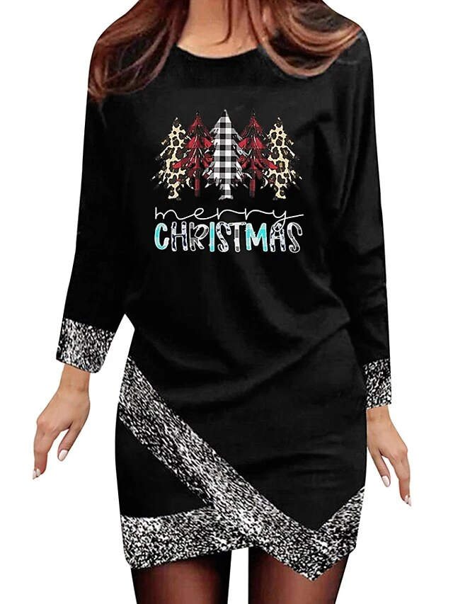 Women‘s Christmas Casual Dress Shift Dress Sheath Dress Mini Dress Black And White Black Gray Black And White Stripes Long Sleeve Elk Patchwork Winter Fall Autumn Crew Neck Fashion Date 2022 S M L XL 2 Women‘s Christmas Casual Dress Shift Dress Sheath Dress Mini Dress Black And White Black Gray Black And White Stripes Long Sleeve Elk Patchwork Winter Fall Autumn Crew Neck Fashion Date 2022 S M L XL - Image 2