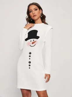 Women's Christmas Dress Sweater Dress Jumper Dress Midi Dress Ugly Snowman Outdoor Christmas Daily Holiday Round Neck Long Sleeve 2023 Regular Fit White S M L XL XXL 3XL