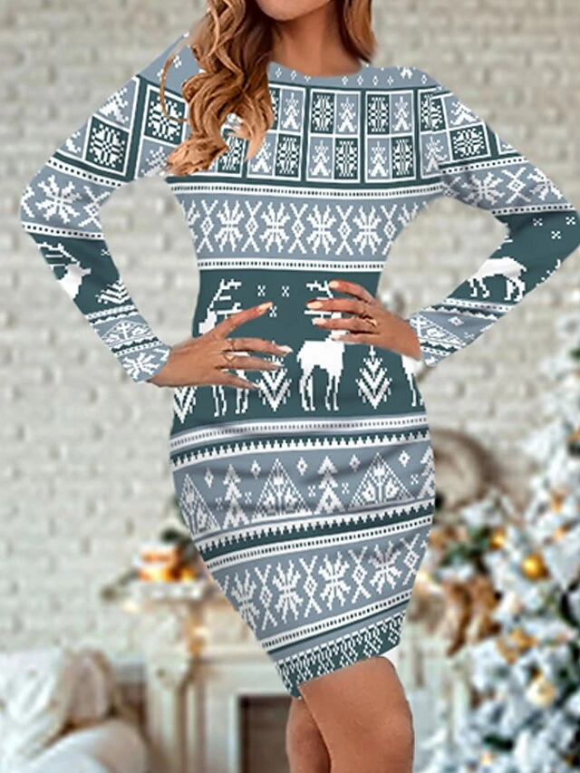 Women's Christmas Casual Dress Bodycon Mini Dress Green Blue Red Long Sleeve Elk Snowflake Print Winter Fall Crew Neck Stylish Casual 2022 S M L XL XXL 3XL 4XL 5XL 6XL / Sheath Dress 2 Women's Christmas Casual Dress Bodycon Mini Dress Green Blue Red Long Sleeve Elk Snowflake Print Winter Fall Crew Neck Stylish Casual 2022 S M L XL XXL 3XL 4XL 5XL 6XL / Sheath Dress - Image 2