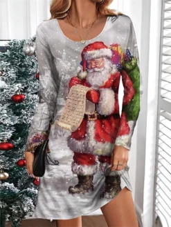 Women's Casual Dress Christmas Dress T Shirt Dress Tee Dress Santa Claus Christmas Tree Print V Neck Mini Dress Fashion Streetwear Outdoor Christmas Long Sleeve Loose Fit White Red Burgundy Fall -Fashion Life Shop epvioo1695382938044