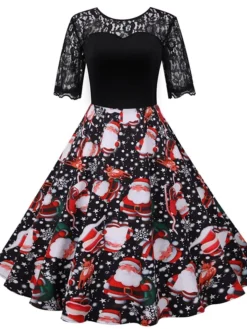 Women's Christmas Casual Dress Lace Dress Midi Dress Black Short Sleeve Santa Claus Hat Lace Print Winter Fall V Neck Vintage Elegant Casual 2022 S M L XL 2XL 3XL -Fashion Life Shop epxwlf1666430536101