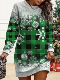 Women's Christmas Casual Dress Sweatshirt Dress Mini Dress Warm Fashion OutdoorVacation Crew Neck Print Geometric Snowflake Loose Fit Burgundy Brown Green S M L XL XXL