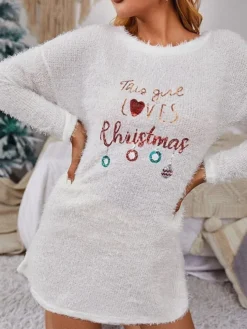 Women's Casual Dress Christmas Dress Winter Dress Letter Fleece Sequin Crew Neck Mini Dress Fashion Streetwear Outdoor Christmas Long Sleeve Loose Fit White Fall Winter S M L XL XXL