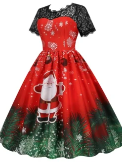 Women's Christmas Casual Dress Swing Dress Midi Dress Green Wine Light Red Fuchsia Red Black Short Sleeve Santa Claus Snowman Snowflake Lace Print Winter Fall Crew Neck Vacation Vintage 2022 S M L XL -Fashion Life Shop eqxdfb1666761914153