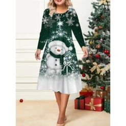 Women's Christmas Plus Size Curve Casual Dress Skater Dress A Line Dress Snowman Snowflake Midi Dress Long Sleeve Print Crew Neck Fashion Outdoor Black White Fall Winter L XL XXL 3XL 4XL -Fashion Life Shop erfaxh1695640673016