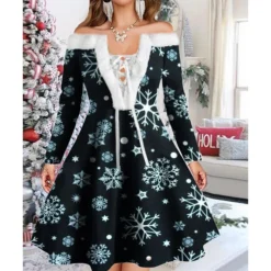 Women's Christmas Swing Dress Vintage Dress Mini Dress Green Light Green Wine Red Navy Blue White Long Sleeve Snowman Tree Snowflake Backless Feather Print Winter Fall Off Shoulder Vacation Stylish -Fashion Life Shop erndff1667977605447