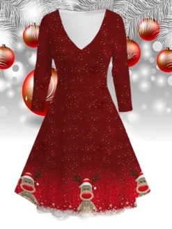 Women‘s Christmas Wine Brown Long Sleeve Elk Print Winter Autumn V Neck Fashion Daily Weekend Loose Fit 2022 S M L XL 2XL 3XL 4XL 5XL 6XL