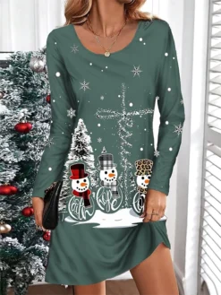 Women's Casual Dress Christmas Dress T Shirt Dress Tee Dress Snowman Christmas Tree Print V Neck Mini Dress Fashion Streetwear Outdoor Christmas Long Sleeve Loose Fit Black Wine Navy Blue Fall Winter -Fashion Life Shop esmcsj1695382620810