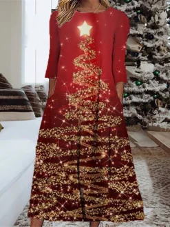 Women's Christmas Casual Dress Shift Dress Midi Dress Wine 3/4 Length Sleeve Tree Ruched Winter Fall Autumn Fashion Daily 2022 S M L XL XXL 3XL