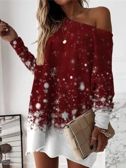 Women‘s Christmas Casual Dress Sweatshirt Dress Mini Dress Warm Fashion Outdoor Holiday Crew Neck Print Print Loose Fit Burgundy Blue Purple S M L XL XXL