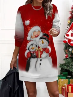 Women‘s Christmas Casual Dress Sweatshirt Dress Mini Dress Warm Fashion Outdoor Holiday Crew Neck Print Santa Claus Snowman Loose Fit Black Burgundy Green S M L XL XXL