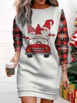 Women's Christmas Casual Dress Sweatshirt Dress Mini Dress Warm Fashion OutdoorVacation Crew Neck Print Santa Claushat Loose Fit ArmyGreen Black White S M L XL XXL -Fashion Life Shop etxohy1695365439866