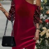 Women's Christmas Dress Velvet Dress Casual Dress Mini Dress Sequins Cut Out Outdoor Christmas Street Fashion Streetwear Halter Neck 3/4 Length Sleeve 2023 Regular Fit Wine Color S M L XL XXL Size