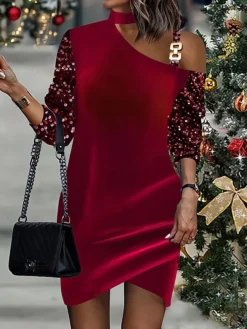 Women's Christmas Dress Velvet Dress Casual Dress Mini Dress Sequins Cut Out Outdoor Christmas Street Fashion Streetwear Halter Neck 3/4 Length Sleeve 2023 Regular Fit Wine Color S M L XL XXL Size