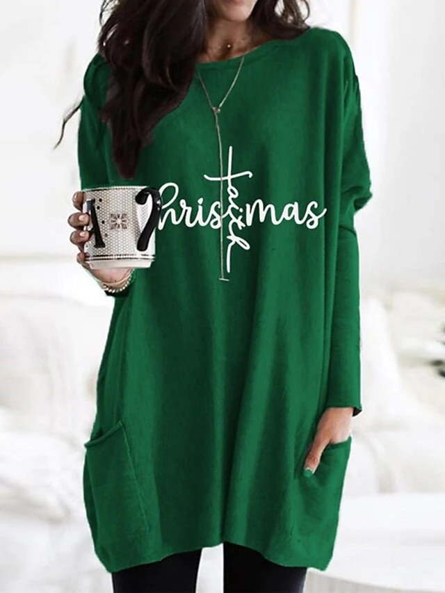 Women's Christmas Casual Dress T Shirt Dress Tee Dress Shift Dress Mini Dress Green Wine Dark Gray Long Sleeve Letter Pocket Winter Fall Autumn Crew Neck Fashion Daily Date Loose Fit 2022 XXS XS S M 2 Women's Christmas Casual Dress T Shirt Dress Tee Dress Shift Dress Mini Dress Green Wine Dark Gray Long Sleeve Letter Pocket Winter Fall Autumn Crew Neck Fashion Daily Date Loose Fit 2022 XXS XS S M - Image 2