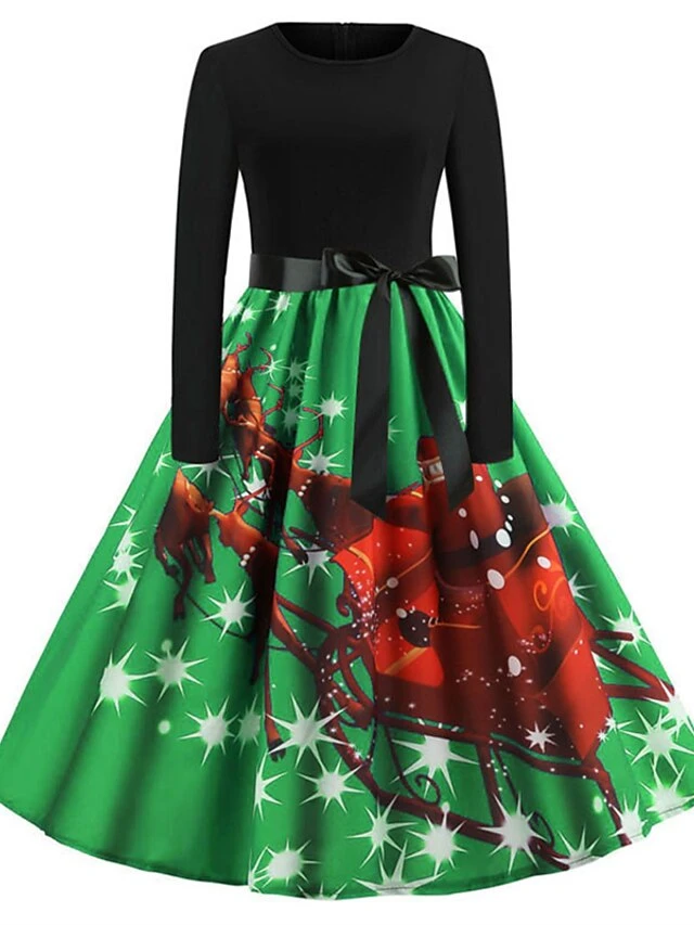 Women's Christmas Swing DressKnee Length Dress Green Blue Purple Red Long Sleeve Print Snowflake Bow Print Fall Winter Crew Neck Stylish 2022 S M L XL 2XL 7 Women's Christmas Swing DressKnee Length Dress Green Blue Purple Red Long Sleeve Print Snowflake Bow Print Fall Winter Crew Neck Stylish 2022 S M L XL 2XL - Image 7