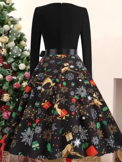 Women's Christmas Casual Dress Swing Dress Vintage Dress Midi Dress Black Wine Orange Long Sleeve Animal Bow Winter Fall Autumn V Neck 2022 S M L XL XXL 3XL -Fashion Life Shop evnlgd1668072731225