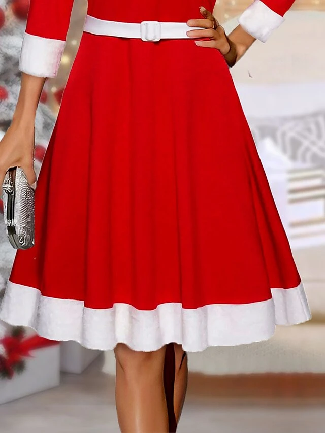 Women's Christmas Dress Winter Dress Casual Dress Midi Dress Patchwork With Belt Christmas Daily Date Fashion Streetwear Off Shoulder 3/4 Length Sleeve 2023 Regular Fit Burgundy Color S M L XL XXL 3 Women's Christmas Dress Winter Dress Casual Dress Midi Dress Patchwork With Belt Christmas Daily Date Fashion Streetwear Off Shoulder 3/4 Length Sleeve 2023 Regular Fit Burgundy Color S M L XL XXL - Image 3