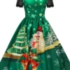 Women's Christmas Casual Dress Swing Dress Midi Dress Green Wine Light Red Fuchsia Red Black Short Sleeve Santa Claus Snowman Snowflake Lace Print Winter Fall Crew Neck Vacation Vintage 2022 S M L XL
