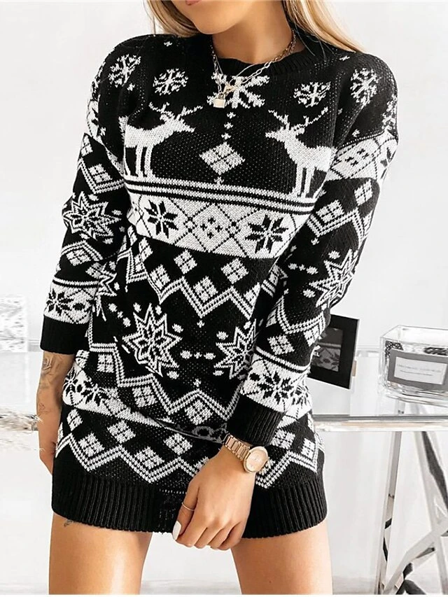 Women‘s Christmas Sweater Dress Winter Dress Knit Dress Black Red Gray Long Sleeve Elk Tree Snowflake Patchwork Print Winter Fall Turtleneck Casual Winter Dress Fall Dress Loose Fit 2022 S M L XL XXL 4 Women‘s Christmas Sweater Dress Winter Dress Knit Dress Black Red Gray Long Sleeve Elk Tree Snowflake Patchwork Print Winter Fall Turtleneck Casual Winter Dress Fall Dress Loose Fit 2022 S M L XL XXL - Image 4