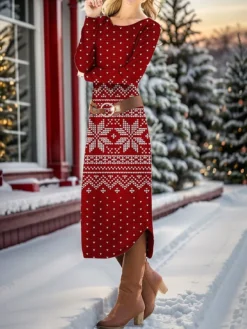 Women's Casual Dress Christmas Dress Velvet Dress Snowflake Ombre Sequins With Belt Crew Neck Midi Dress Fashion Streetwear Outdoor Christmas Long Sleeve Loose Fit Wine Red Fall Winter S M L XL XXL -Fashion Life Shop exhizp1697023026340