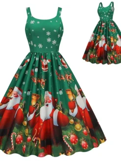 Women's Christmas Casual Dress Swing Dress Midi Dress Green Blue Sleeveless Santa Claus Print Winter Fall Spaghetti Strap Vacation Vintage 2022 S M L XL XXL / Slip Dress -Fashion Life Shop eydgkd1668084366903