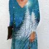 Women's Christmas Casual Dress T Shirt Dress Tee Dress Mini Dress Blue Long Sleeve Tree Pocket Print Winter Fall V Neck Vacation Casual 2022 S M L XL XXL 3XL