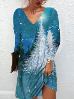 Women's Christmas Casual Dress T Shirt Dress Tee Dress Mini Dress Blue Long Sleeve Tree Pocket Print Winter Fall V Neck Vacation Casual 2022 S M L XL XXL 3XL