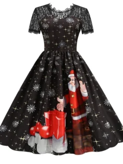 Women's Christmas Knee Length Dress Blue Purple Wine Green Black Red Short Sleeve Print Lace Print Fall Winter Round Neck CasualRegular Fit 2021 S M L XL XXL 3XL -Fashion Life Shop ezgdsf1632737573690