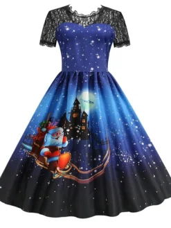 Women's Christmas Knee Length Dress Blue Purple Wine Green Black Red Short Sleeve Print Lace Print Fall Winter Round Neck CasualRegular Fit 2021 S M L XL XXL 3XL -Fashion Life Shop ezpwnf1632737571204