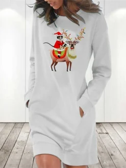 Women‘s Christmas Hoodie Dress Winter Dress Light Blue Grey White Long Sleeve Santa Claus Elk Pocket Print Winter Fall Crew Neck Stylish Casual 2022 S M L XL 2XL / Cotton -Fashion Life Shop eztusk1666692065011