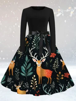 Women's Casual Dress Christmas Dress Sheath Dress Santa Claus Christmas Tree Lace Up Print Crew Neck Midi Dress Active Fashion Outdoor Christmas Long Sleeve Loose Fit Yellow Red Blue Fall S M L XL XXL