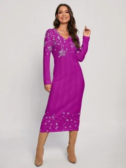 Women's Christmas Dress Sweater Dress Jumper Dress Midi Dress Warm Snowflake Outdoor Christmas Daily Holiday V Neck Long Sleeve 2023 Regular Fit Red Blue Rose Red S M L XL XXL 3XL -Fashion Life Shop fayhfm1697525583918