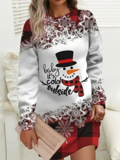 Women‘s Christmas Casual Dress Sweatshirt Dress Mini Dress Warm Fashion Outdoor Holiday Crew Neck Print Snowman Tree Loose Fit Black White Burgundy S M L XL XXL